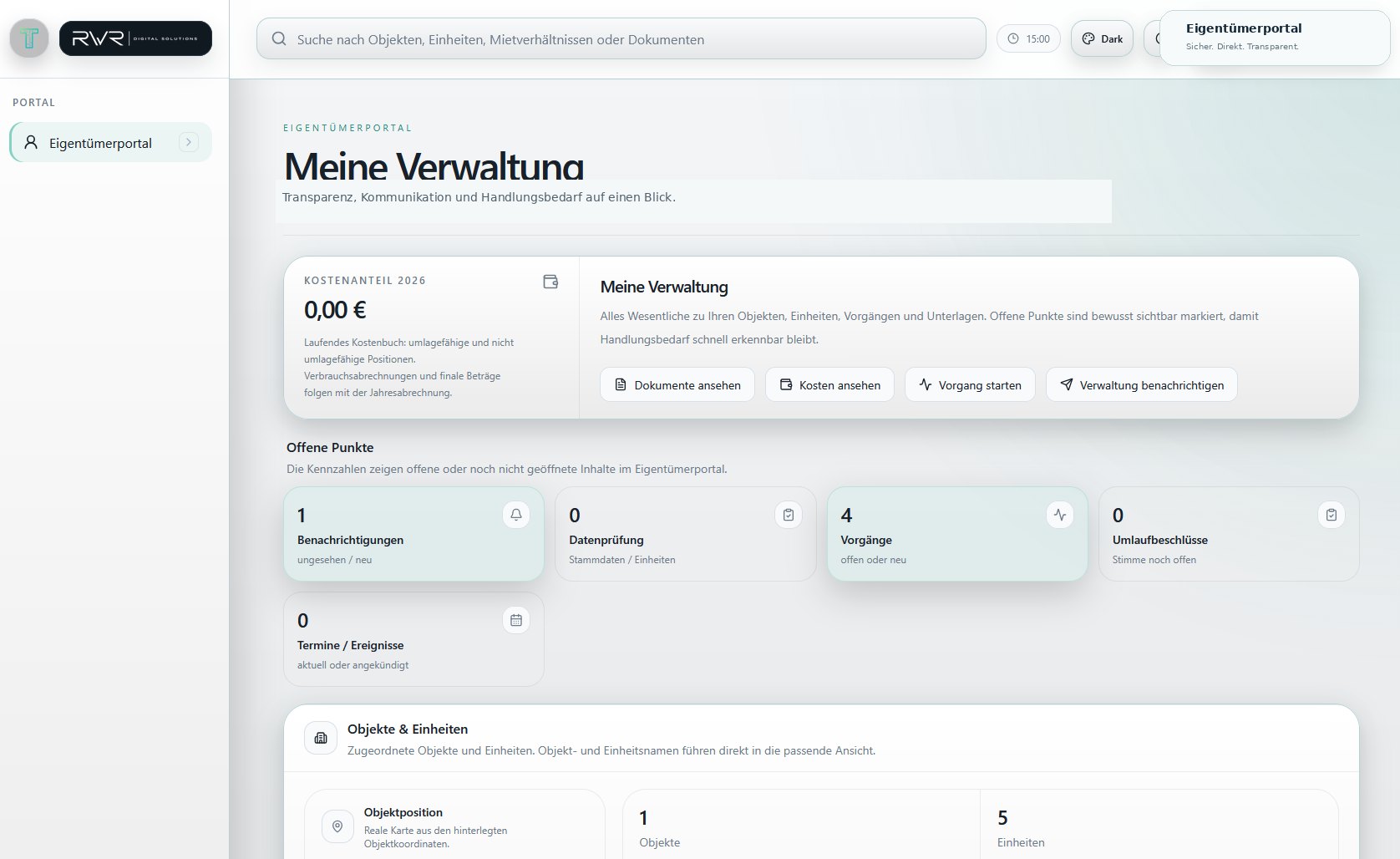 Trentivo Eigentümerportal mit Übersicht zu Dokumenten, Vorgängen, Kosten und Einheiten