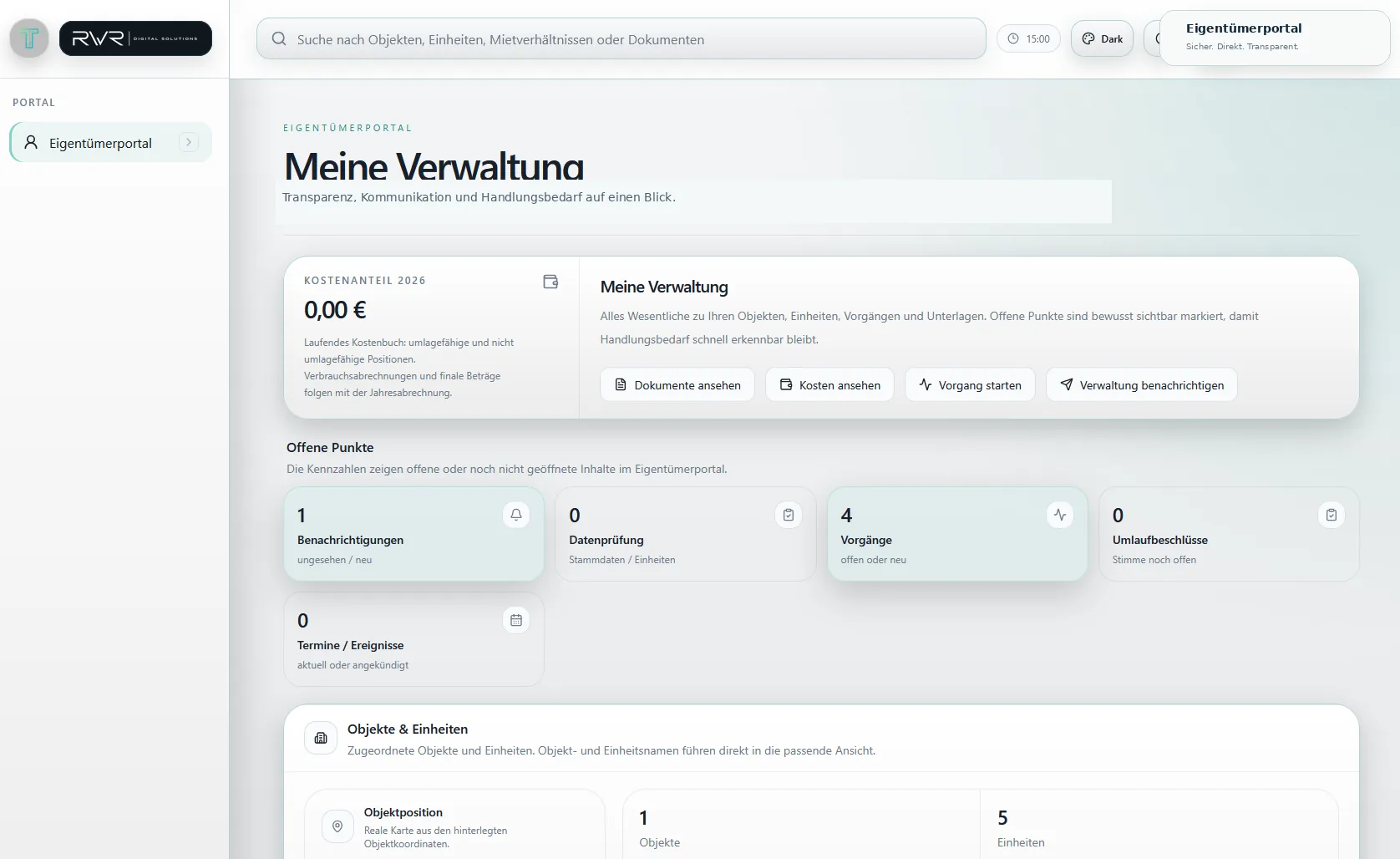 Beispiel des Trentivo-Eigentümerportals mit Dokumenten, Vorgängen und zugeordneten Einheiten