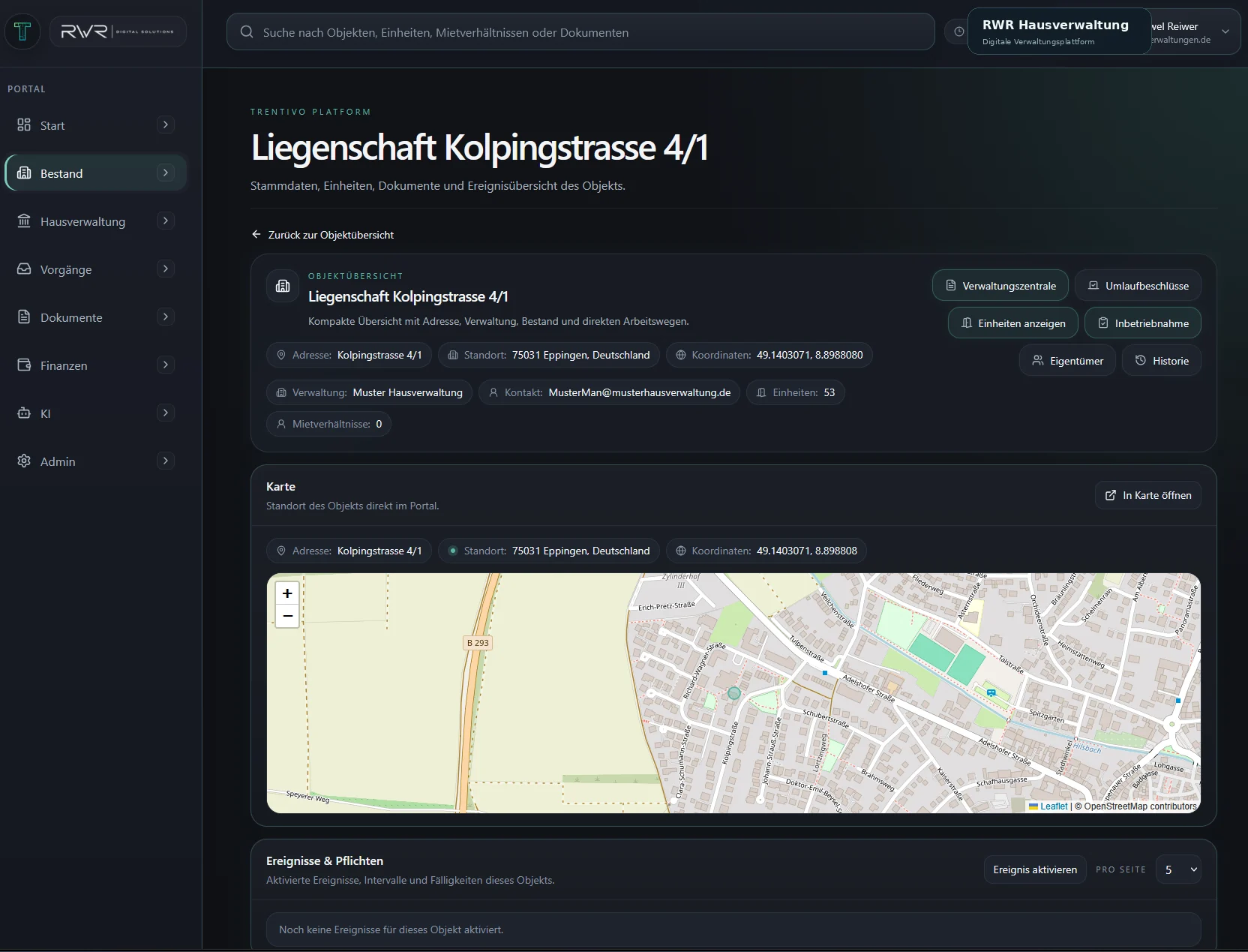 Beispiel einer Trentivo-Objektübersicht mit Stammdaten und Schaltfläche Einheiten anzeigen