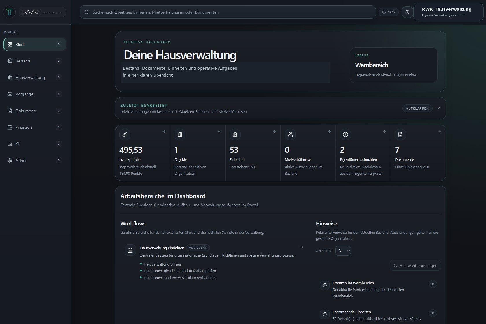 Trentivo Verwaltungsdashboard für Bestand, Dokumente und operative Aufgaben