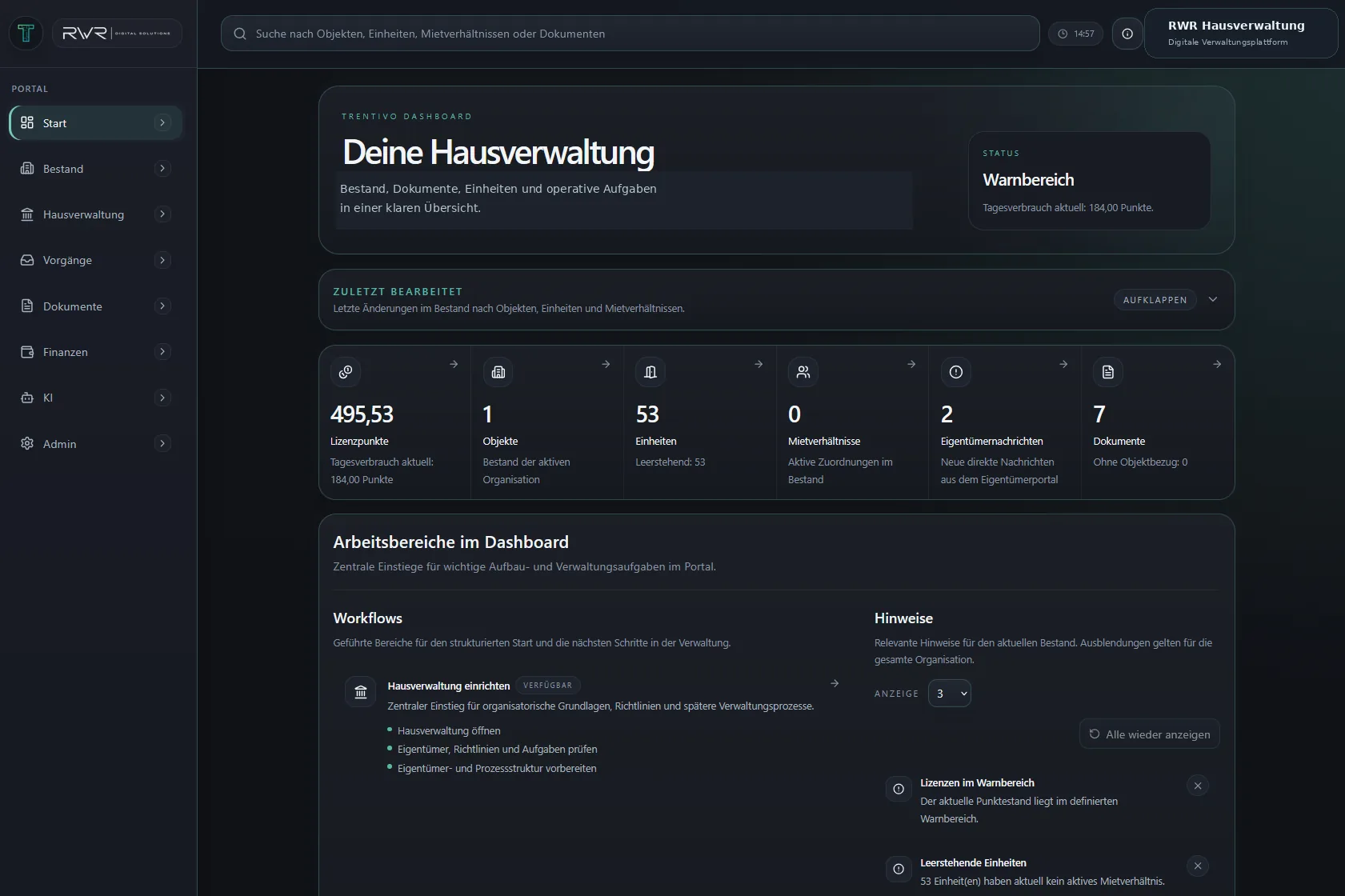 Beispiel des Trentivo-Verwaltungsdashboards mit dem Navigationsbereich Vorgänge